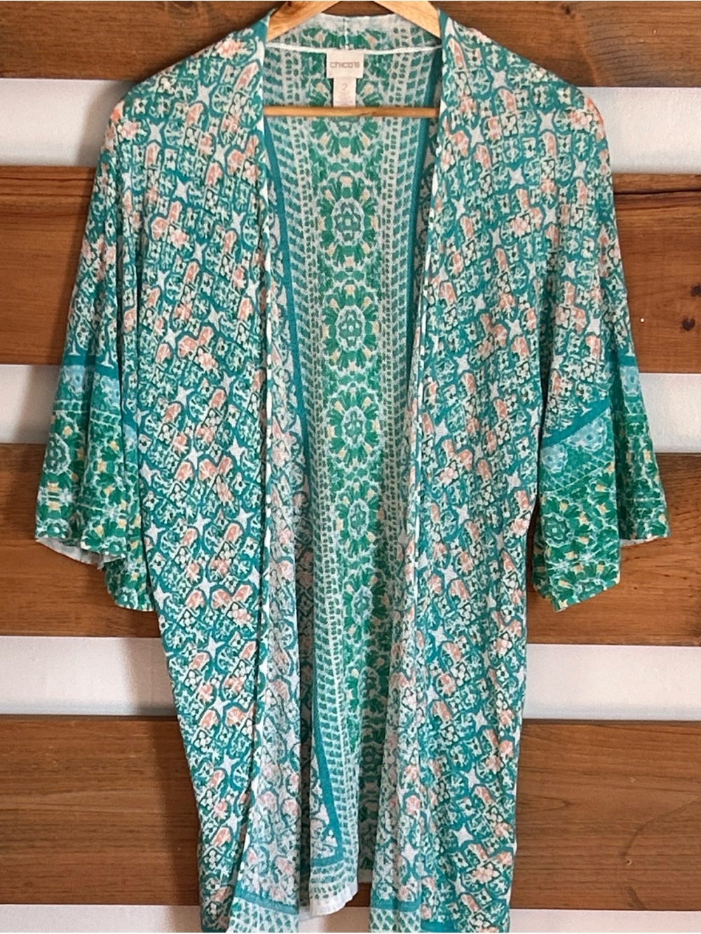 Chico's US Size 2 Tile Striped Cardigan Turquoise & White Boho Chic Open Floral